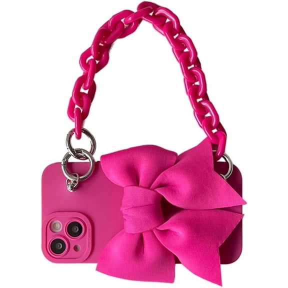 Liquid Silicone Case Compatible with iPhone 15, Cute Kawaii Bow Design Full Body Protective Cover, Shockproof, Slim Phone Case, Anti-Scratch with Bracelet and Lanyard (iPhone 15 Plus) Pink