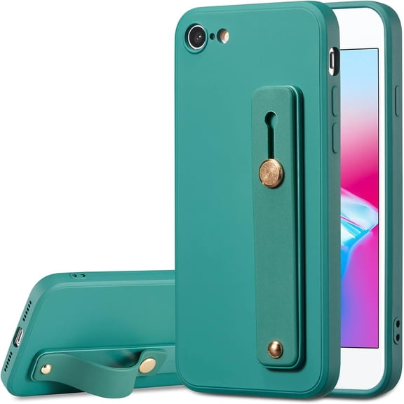 Liquid Silicone Case Finger Strap Cover for iPhone SE 2022 5G/iPhone 7/iPhone 8/iPhone SE 2020, Slim Phone Case Hand Strap Soft Full Protection Shockproof Cover for iPhone SE3/SE2 -DarkGreen