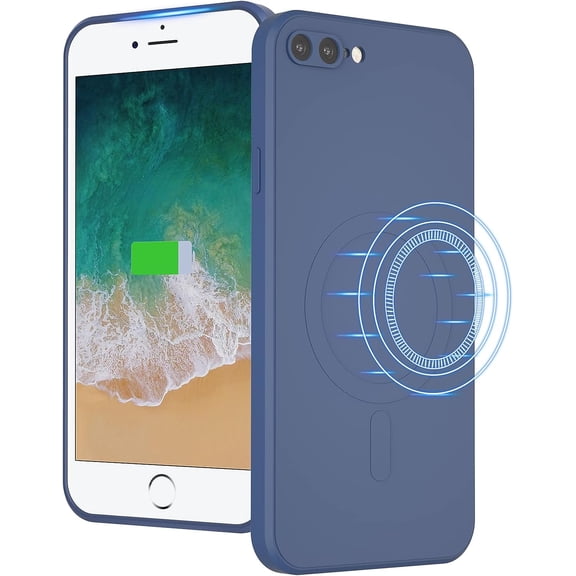 Liquid Silicone Wireless Charging Phone Case for Apple iPhone 8 Plus, Built-in Magnets Compatible with MagSafing Faster Charging Slim Fit Soft Microfiber Cover - Dark Blue