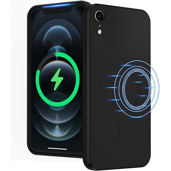 Liquid Silicone Wireless Charging Phone Case for iPhone XR, Built-in Magnets Compatible with MagSafing Faster Charging Slim Fit Soft Microfiber Cover - Black