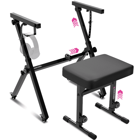 Liquid Stands Foldable Piano Keyboard Stand and Bench Set, caster wheels - Portable Heavy Duty Digital Piano Stand for 54-88 Key Electric Piano, Adjustable Piano Bench Stool Keyboard Music Stand Seat