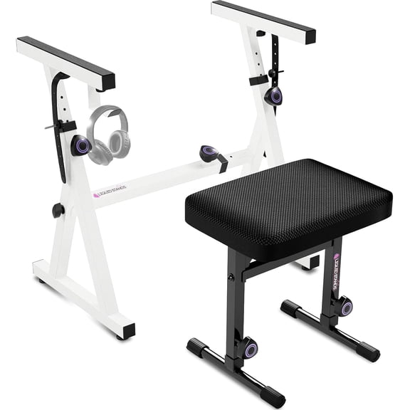 Liquid Stands Keyboard Stand and Bench Set - Portable Heavy Duty Digital Piano Stand for 54-88 Key Electric Pianos & Adjustable Piano Bench, Chair, Seat, Stool - Keyboard Music Accessories (White)