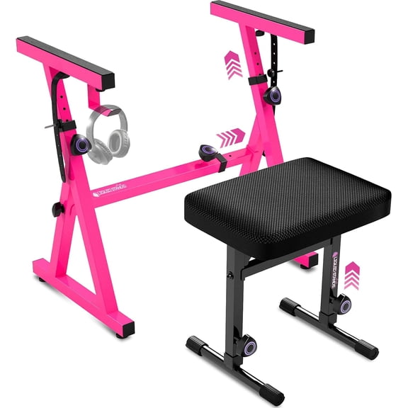 Liquid Stands Pink Keyboard Stand and Bench Set - Portable Heavy Duty Digital Piano Stand for 54-88 Key Electric Pianos & Adjustable Piano Bench, Chair, Stool - Keyboard Music Stands and Seat
