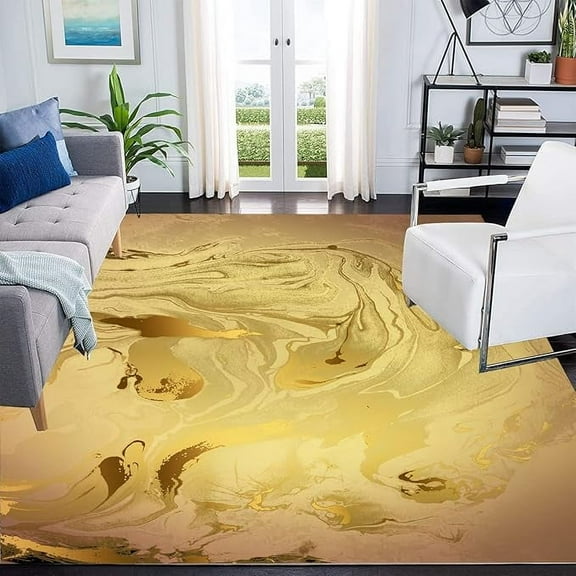 Liquid Style Gold Modern Abstract Area Rugs Retro Accent Art Deco Carpet Under Coffee Table Washable Soft Living Room Bedroom Rug Indoor Home Office No-Slip Floor Rug 2 x 3ft