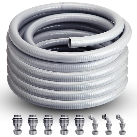 Liquid Tight Conduit 3/4inch 25FT,Flexible Non-Metallic Liquid Tight Flex Electrical Conduit and Connector Kit with 5 Straight and 3 90-Degree Conduit Connector Fittings