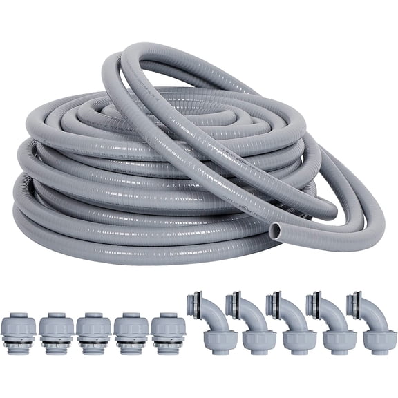 Liquid-Tight Conduit and Connector Kit 1/2inch 25ft, Flexible Non Metallic Liquid Tight Electrical Conduit w/UL Certification, Electrical Conduit Kit with 5 Straight, 5 Angle Fittings
