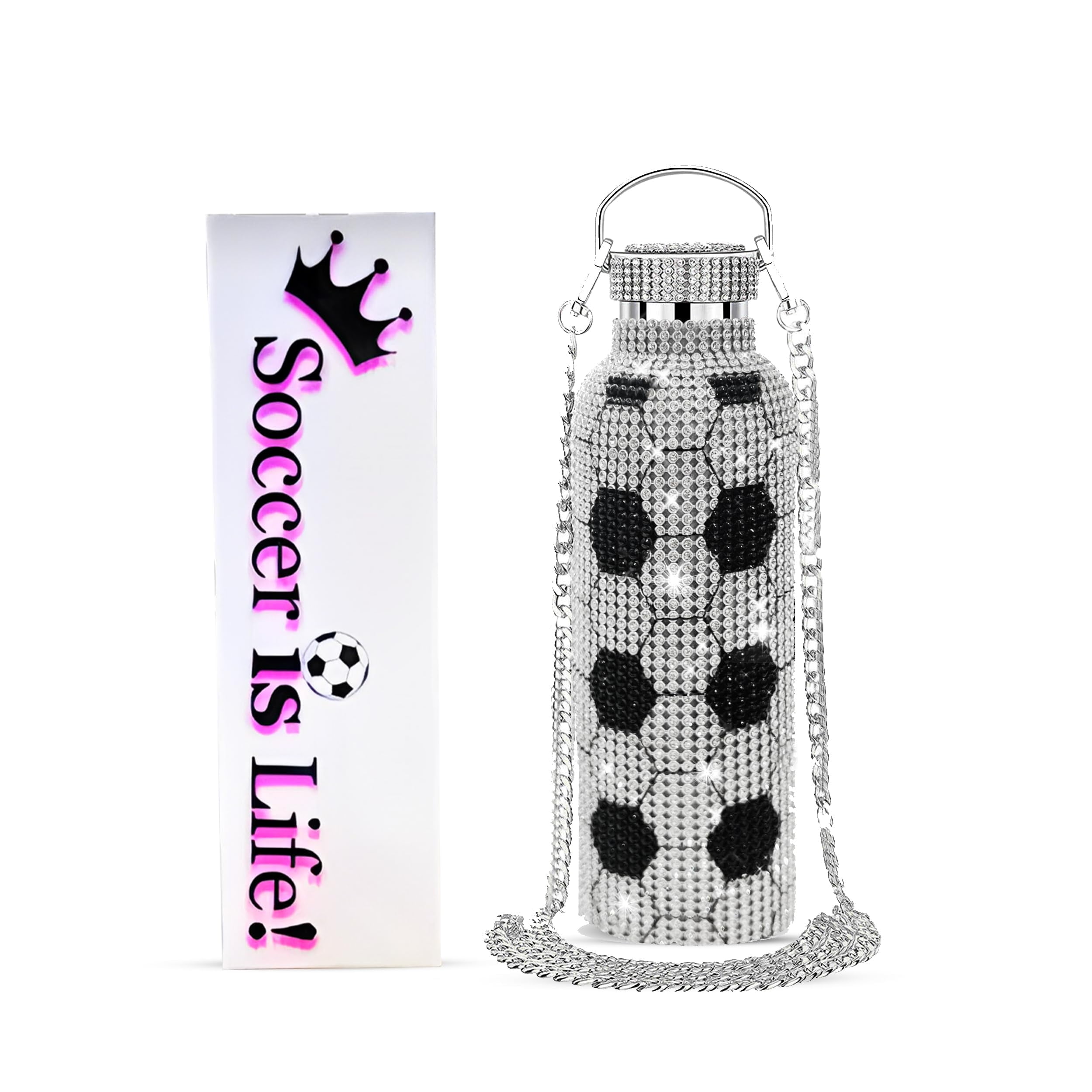 Liquid TuNes Soccer Bling Water Bottle Stainless Steel Thermal Bottle, Insulated Refillable Glitter Water Bottle with Chain, Great Gift Idea for Girls(500ml/16.9 oz)