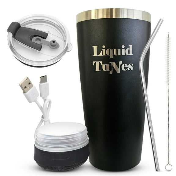 Liquid TuNes Stainless Steel Tumbler with Wireless Music Speaker, 20 oz Tumbler with Double-Wall Vacuum Insulation and Detachable Speaker, Black