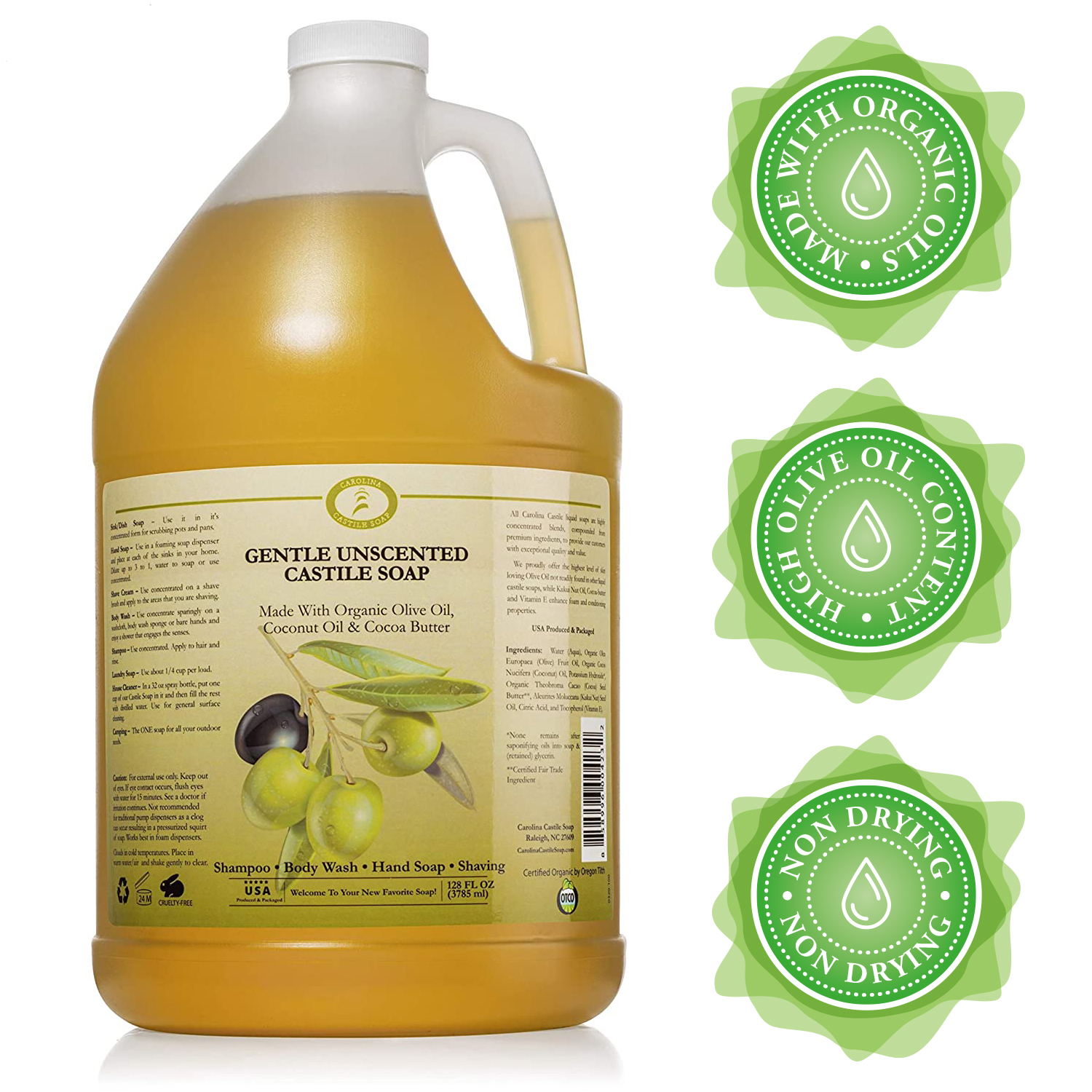 Liquid Unscented Castile Soap 1 Gallon Vegan & Pure Organic Soap