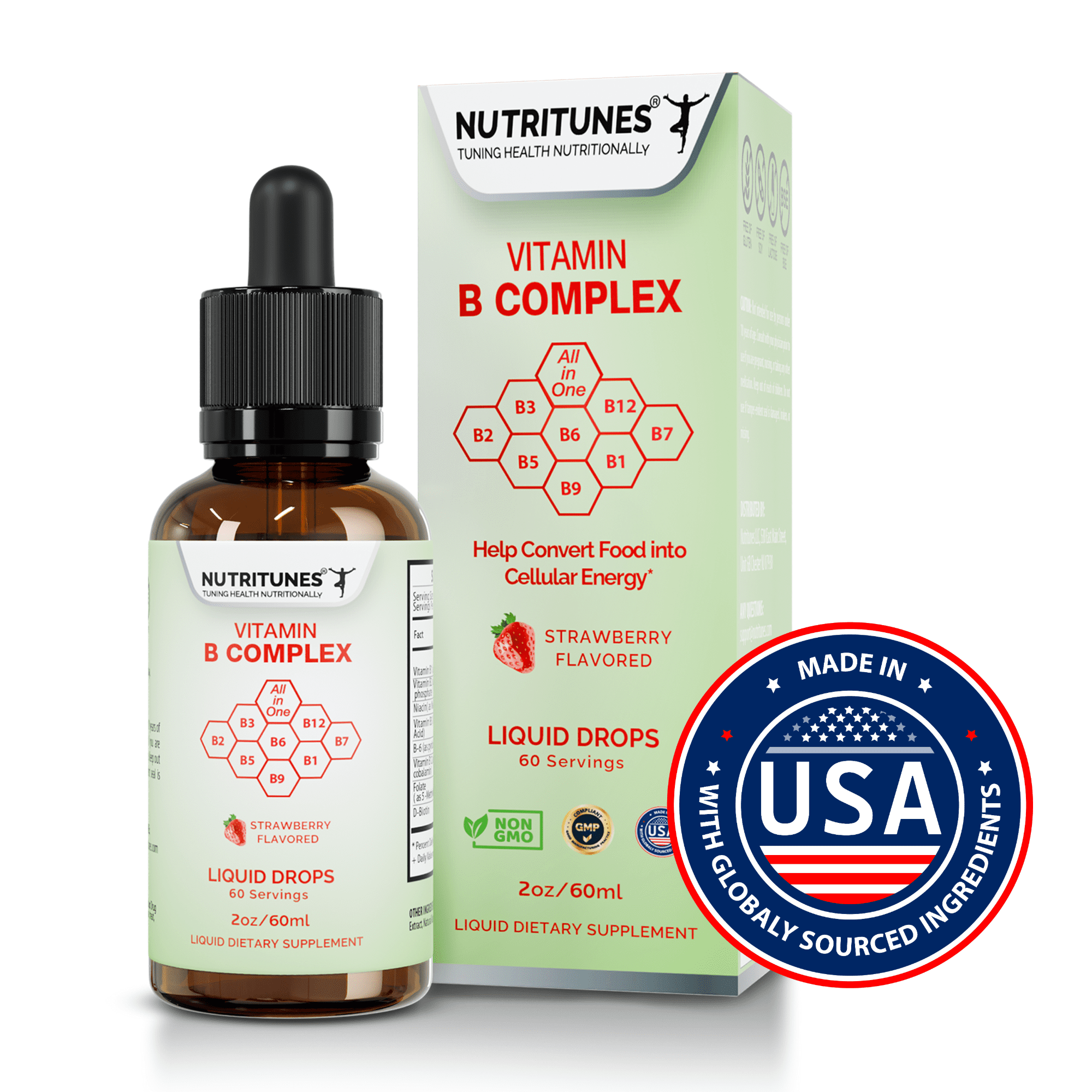 NUTRITUNES Liquid Vitamin B Complex Drops  High Potency B-Vitamin Supplement, Strawberry, 2oz