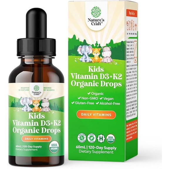 Natures Craft Kids Vitamin D3 K2 Drops - Organic Vitamin D for Kids for Strong Bones & Joints - Infants, Babies & Toddler Immune Support Drops Liquid Supplement - 60 ml