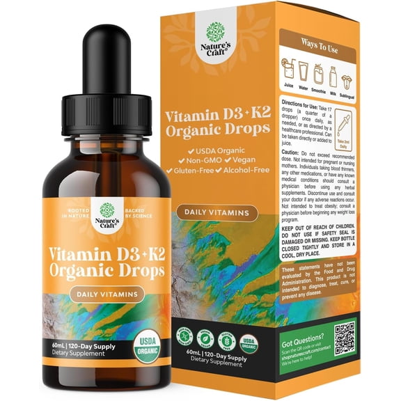 Natures Craft Liquid Vitamin D3 with K2 for Adults - Organic Drops 2000IU per Serving Vegan Bone Muscle Heart & Immune Support MCT Oil Enhanced Absorption
