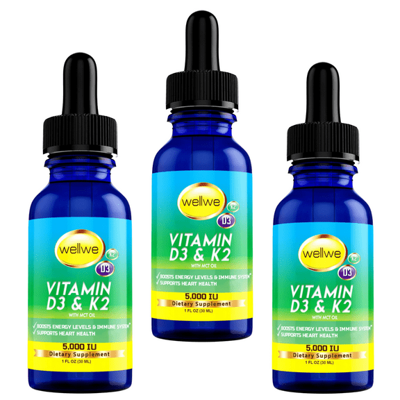 Liquid Vitamin D3 K2 Drops with MCT Oil 5000 IU - Vegan, Unflavored, Soy-Free, Non-GMO, Energy Levels & Immune System Boost, Heart & Bones Health Support (3 Pack)