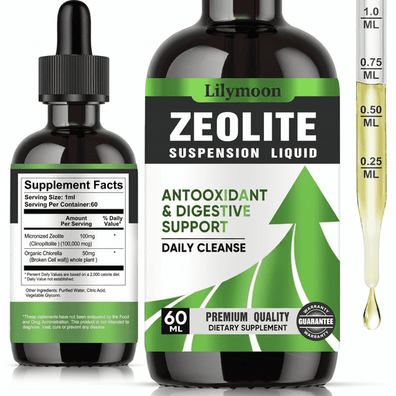 Lilymoon Micronized Zeolite Liquid Drops with Organic Chlorella for Daily Cleanse and Digestive Support, 60ml Suspension Liquid