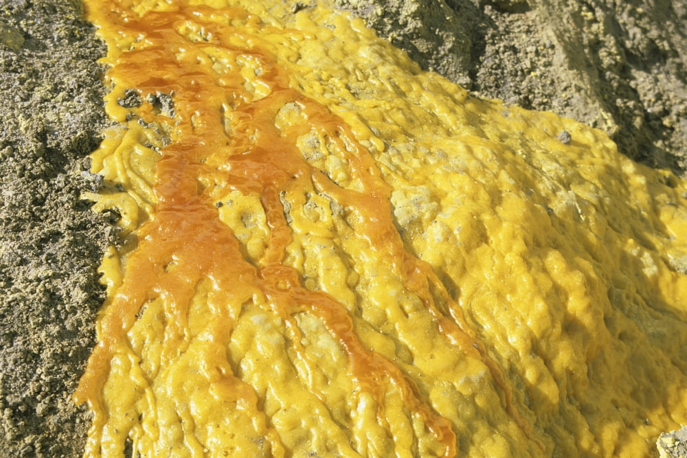 Liquid sulphur flow in Kawah Ijen Volcano Sulphur Mine Java Indonesia Canvas Art - Richard RoscoeStocktrek Images (35 x 23)