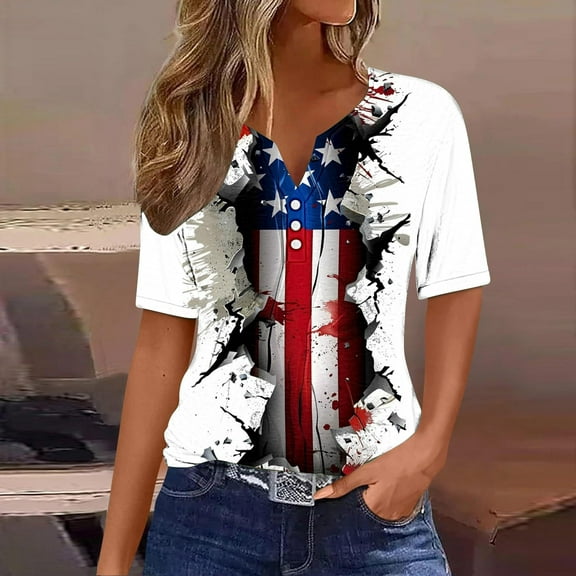 Liquidaciones De Patriotic Shirts for Women Short Sleeve 4Th of July Tops V Neck American Flag Shirt Star Striped Graphic Blouse Usa T Shirt Woman Clothes Under 5