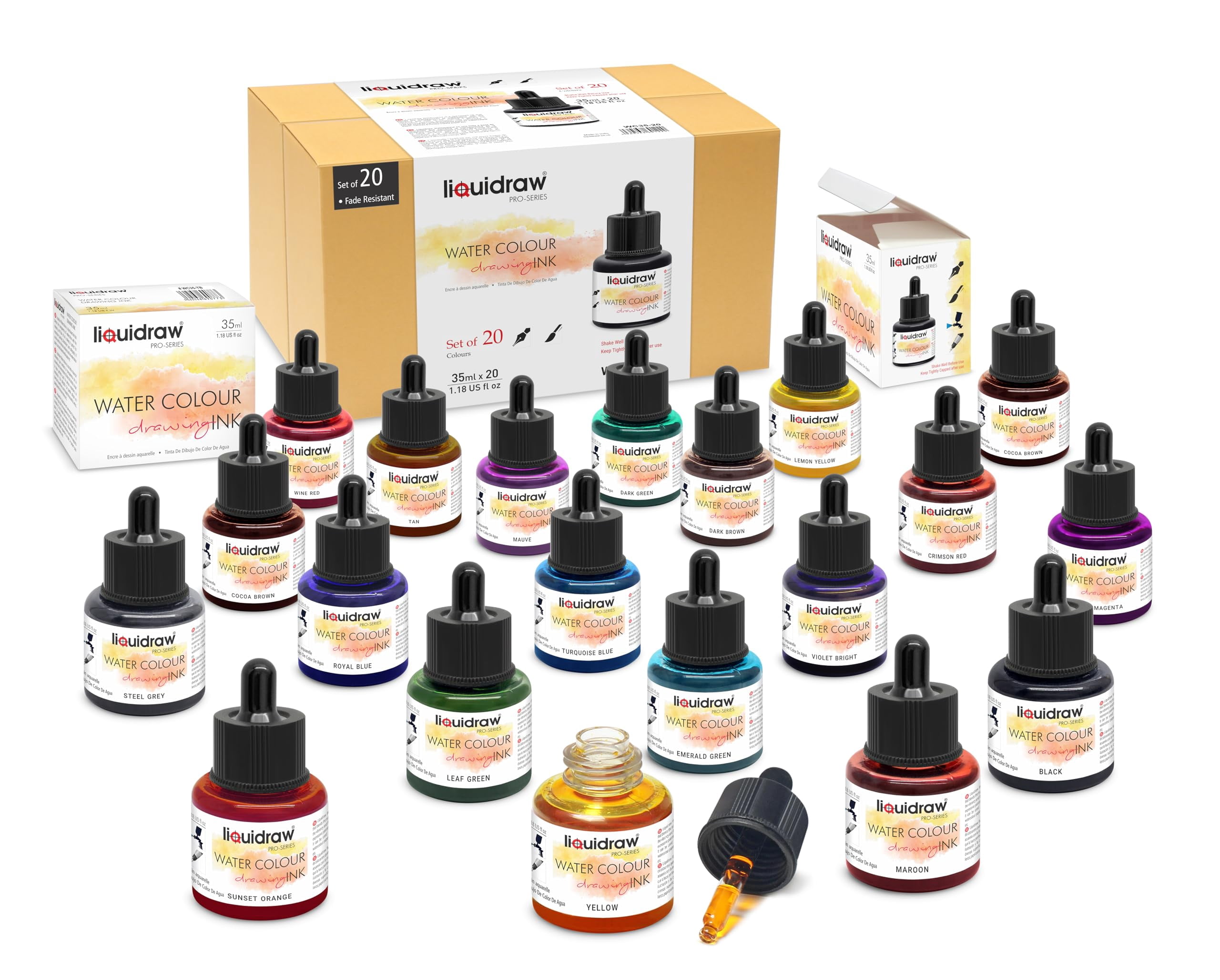Liquidraw Watercolour Drawing Ink, 20 Assorted Colours - 35ml - Walmart.com