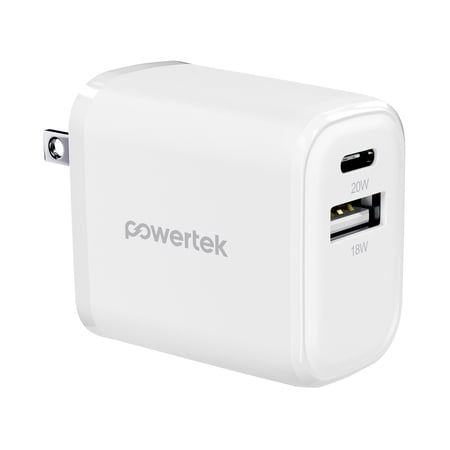 Powertek 20W USB-C PD + USB-A Dual Port Wall Charger, White