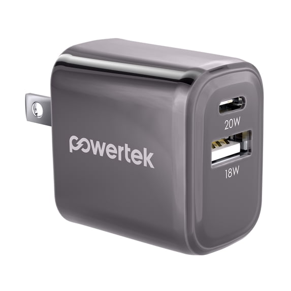 Powertek 20W USB-C PD + 18W USB-A Dual Port Wall Charger, Metallic Shine Pastel, Black