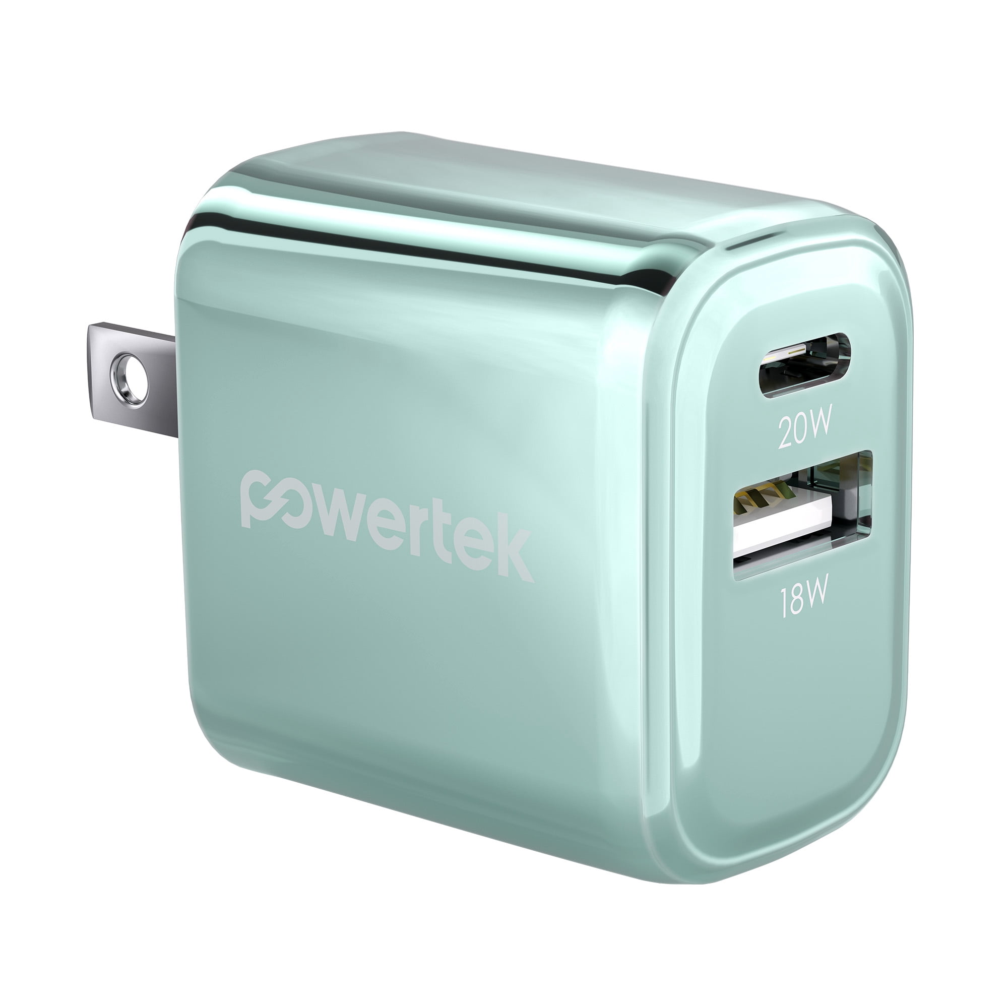 Powertek 20W USB-C PD + 18W USB-A Dual Port Wall Charger, Metallic Shine Pastel, Mint