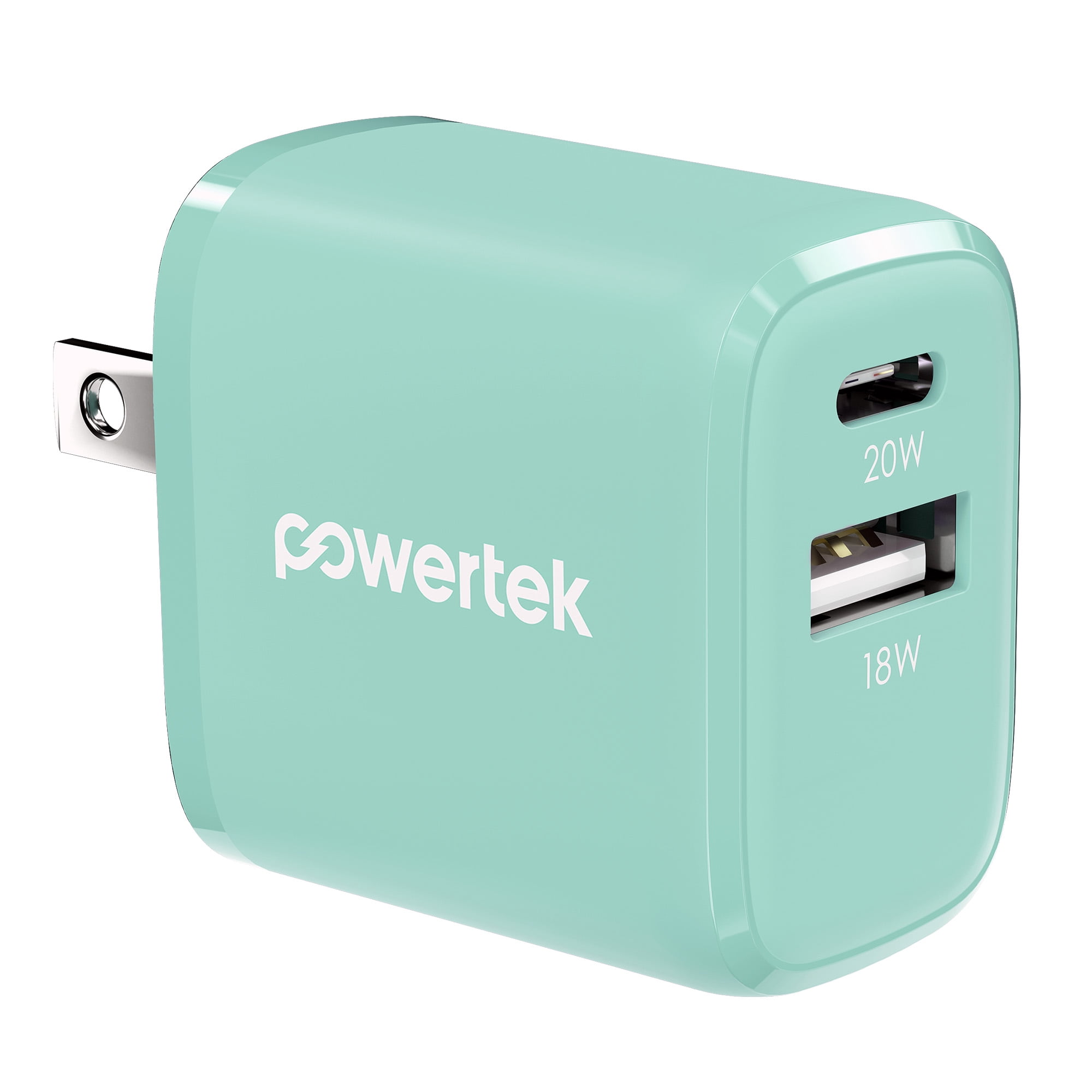 Powertek 20W USB-C PD + 18W USB-A Dual Port Wall Charger, Two-Tone Pastel, Mint