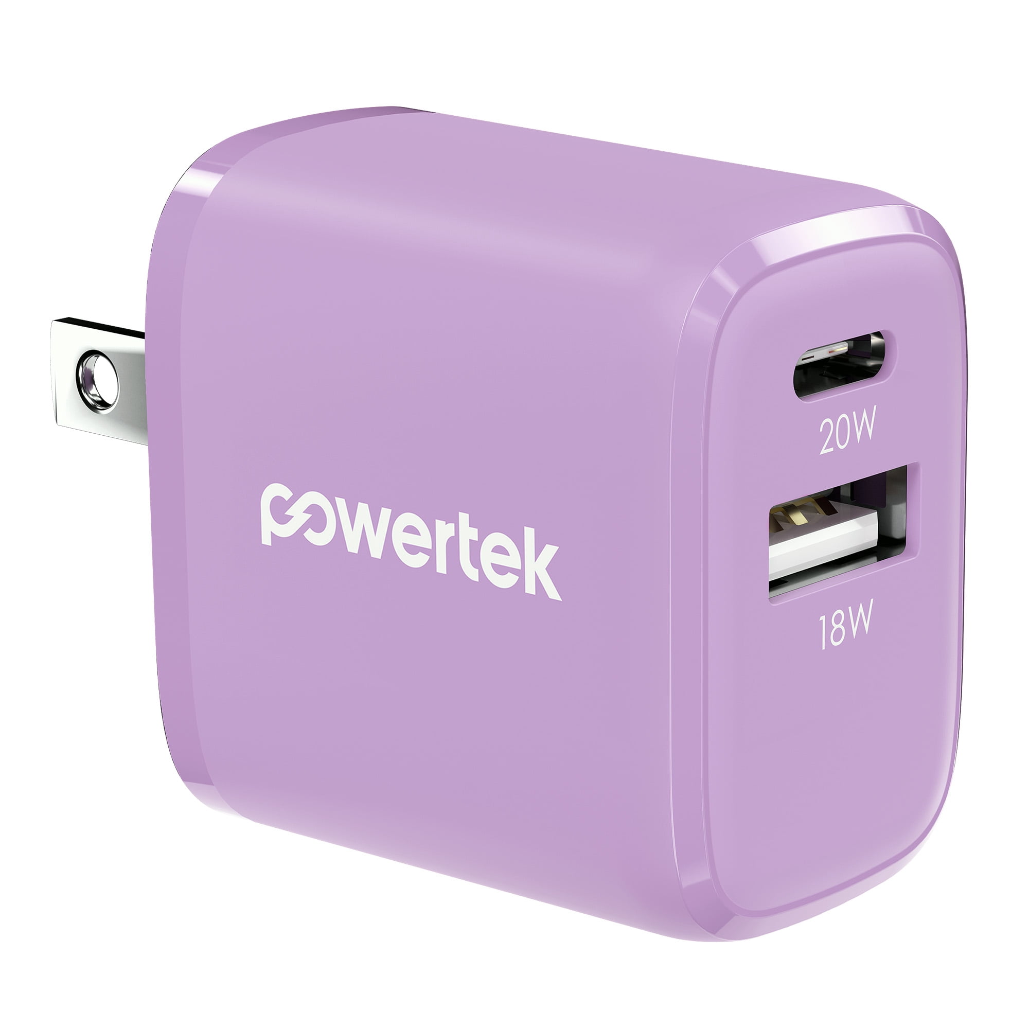 Powertek 20W USB-C PD + 18W USB-A Dual Port Wall Charger, Two-Tone Pastel, Purple