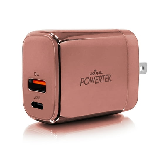 Liquipel Powertek 20W PD USBC and 18W USB A Dual Port Wall Block Charger, Type C Fast Charging Cube, Wall Power Adapter with Foldable Plug, Metallic Shine Light PInk