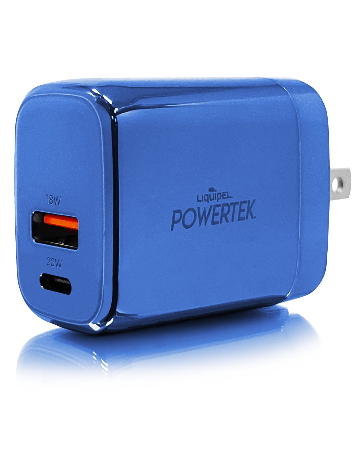 Liquipel Powertek 20W PD USBC and 18W USB A Dual Port Wall Block Charger, Type C Fast Charging Cube, Wall Power Adapter with Foldable Plug, Metallic Shine Light Blue