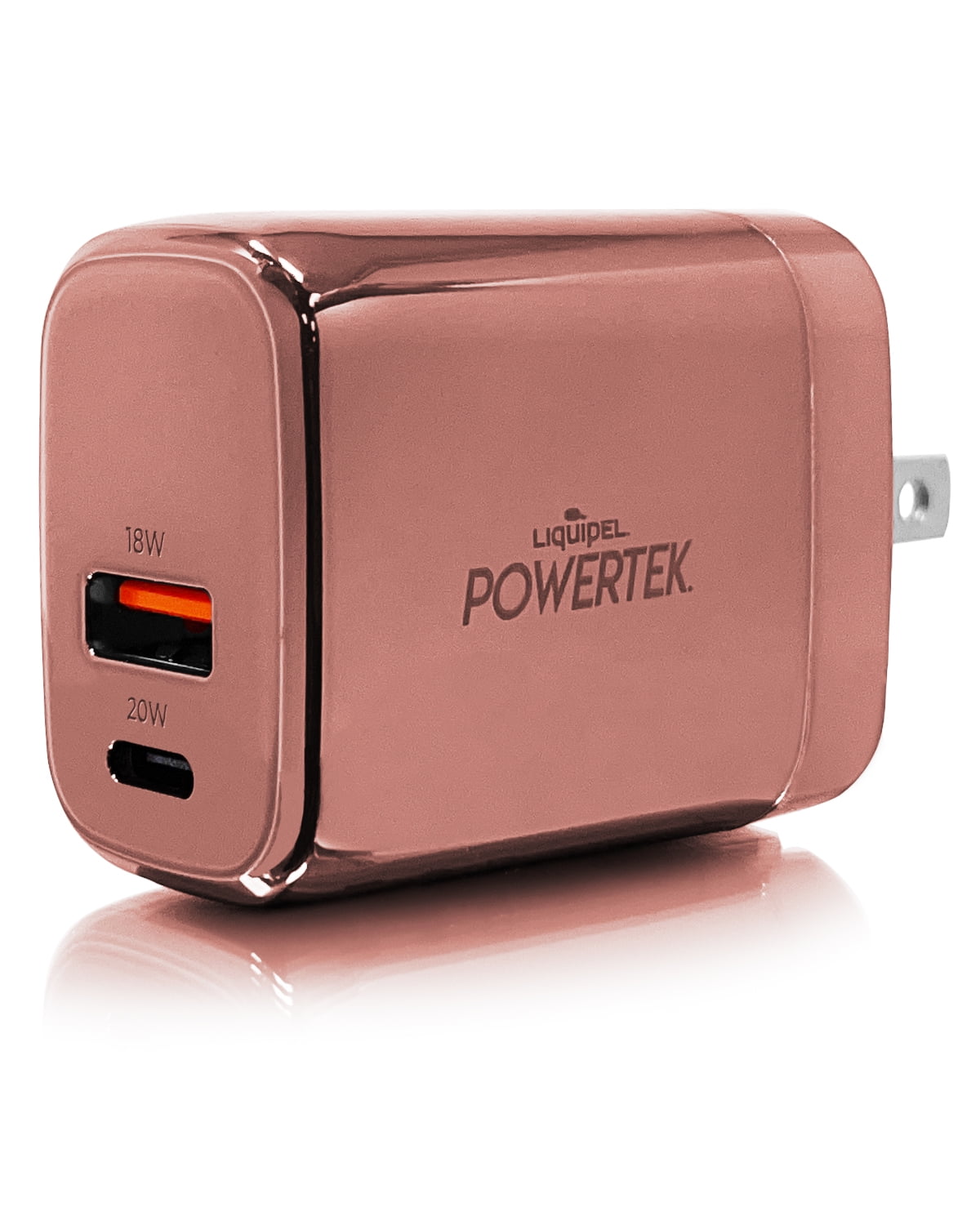 Liquipel Powertek 20W PD USBC and 18W USB A Dual Port Wall Block Charger, Type C Fast Charging Cube, Wall Power Adapter with Foldable Plug, Metallic Shine Light PInk