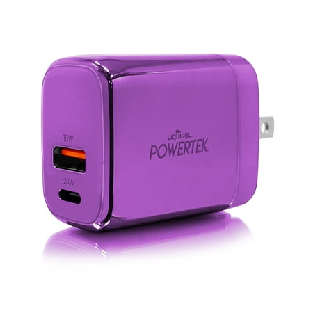 Liquipel Powertek 20W PD USBC and 18W USB A Dual Port Wall Block Charger, Type C Fast Charging Cube, Wall Power Adapter with Foldable Plug, Metallic Shine Purple