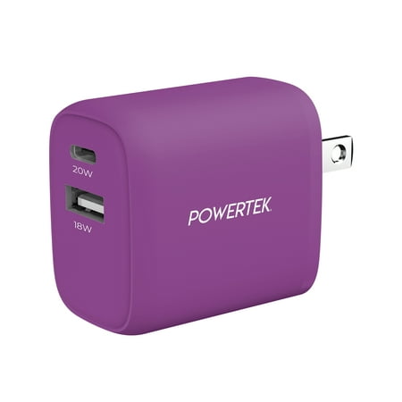 Liquipel Powertek 20W PD USBC and 18W USBA Dual Port Wall Block Charger, Type C Fast Charging Cube, Wall Power Adapter Plug, Two Tone Purple