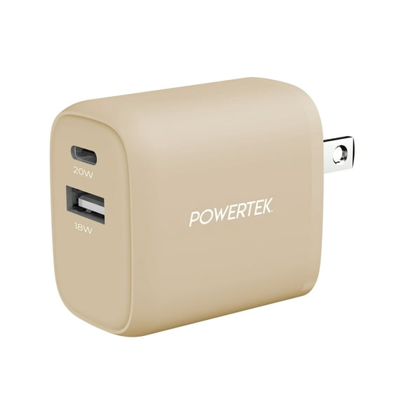 Liquipel Powertek 20W PD USBC and 18W USBA Dual Port Wall Block Charger, Type C Fast Charging Cube, Wall Power Adapter Plug, Two Tone Tan