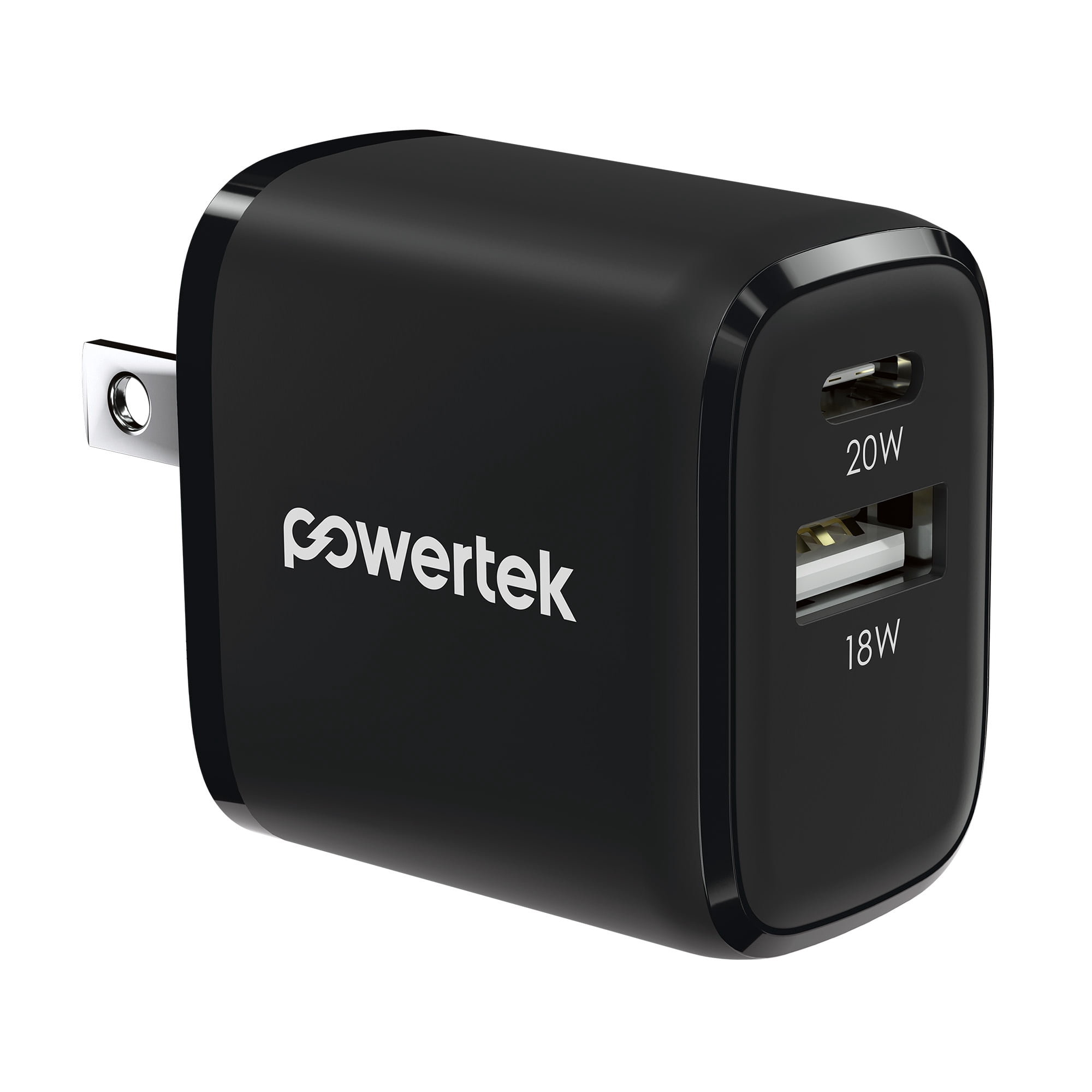 Powertek 20W USB-C PD + USB-A Dual Port Wall Charger, Carbon Design, Black