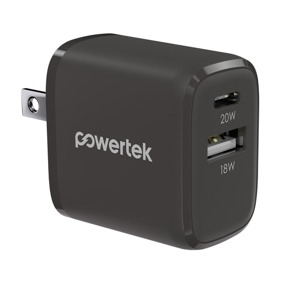 Powertek 20W USB-C PD + USB-A Dual Port Wall Charger, Carbon Design, Grey