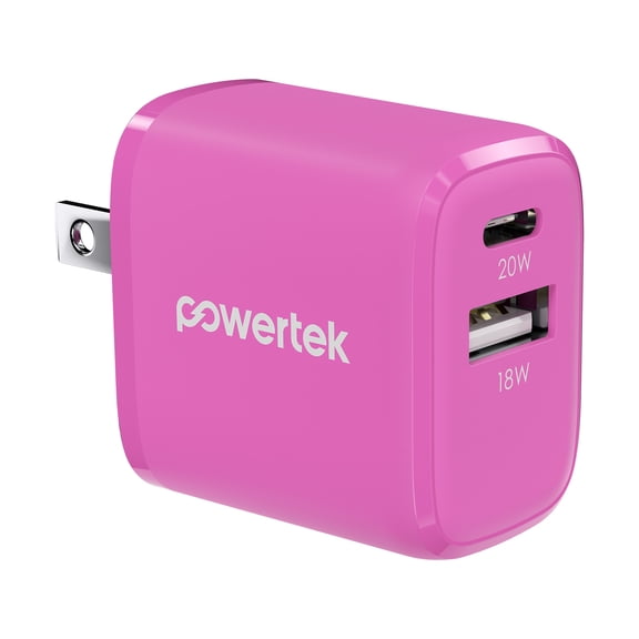 Powertek 20W USB-C PD + USB-A Dual Port Wall Charger, Carbon Design, Pink