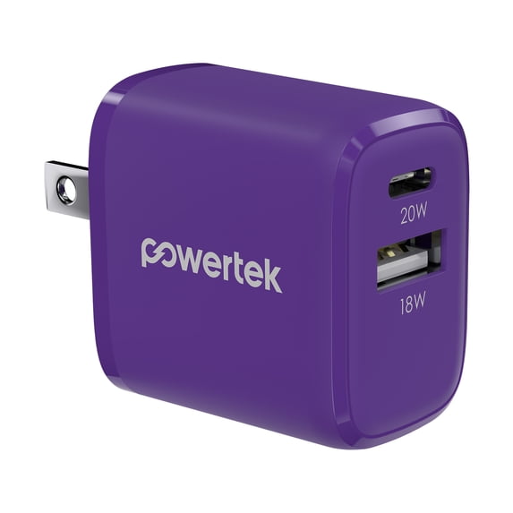 Powertek 20W USB-C PD + USB-A Dual Port Wall Charger, Carbon Design, Purple