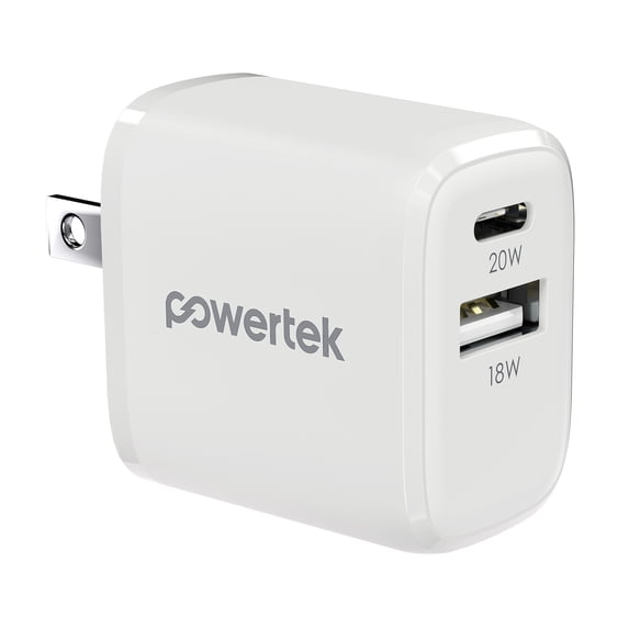 Powertek 20W USB-C PD + USB-A Dual Port Wall Charger, Carbon Design, White