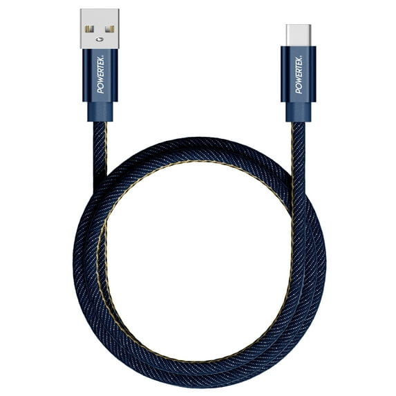 Liquipel Powertek Denim 6' USB-A to USB-C Cable, Dark Blue