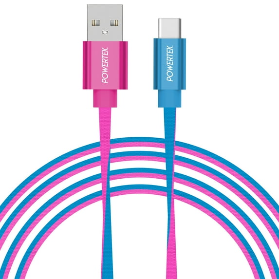 Liquipel Powertek Neon Two-Tone 6' USB-A to USB-C Cable, Pink and Blue