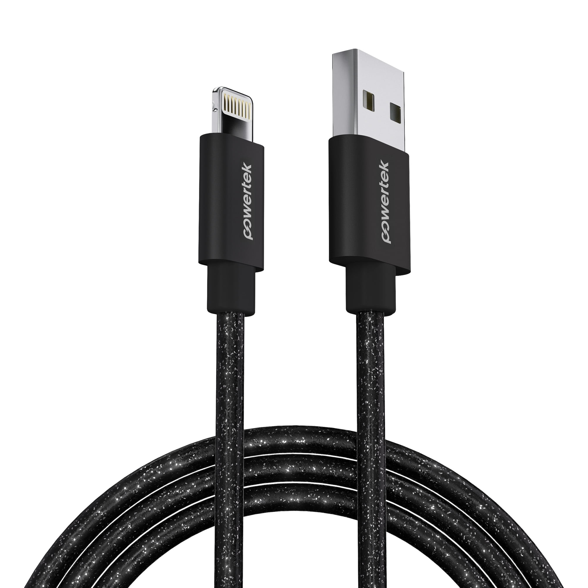 Powertek USB-A to Lightning Cable, Fast Charging iPhone Charger Cord, Durable Tangle-Resistant Sync Cable, Black Glitter, 6FT