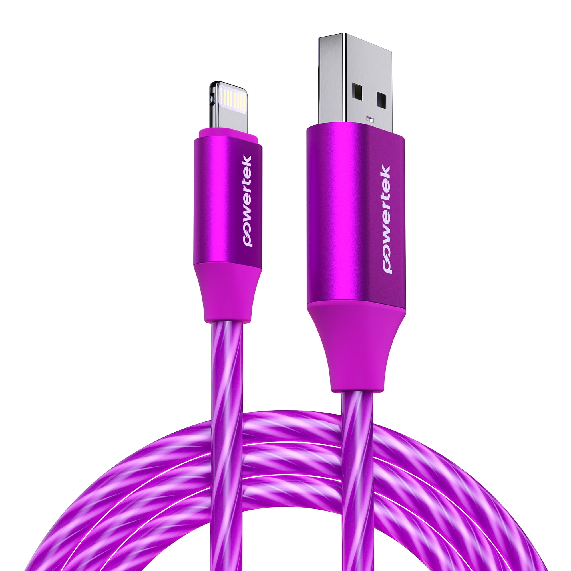 Powertek MFi-Certified Light-Up Spiral USB-A to Lightning Charging Cable, 5 ft, Purple