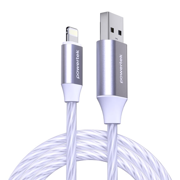 Powertek MFi-Certified Light-Up USB-A to Lightning Charging Cable, 5 ft, White