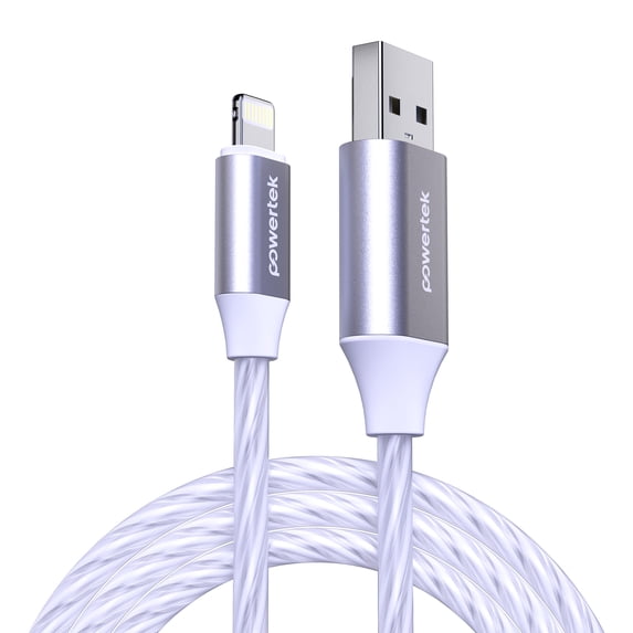 Powertek MFi-Certified Light-Up USB-A to Lightning Charging Cable, 5 ft, White