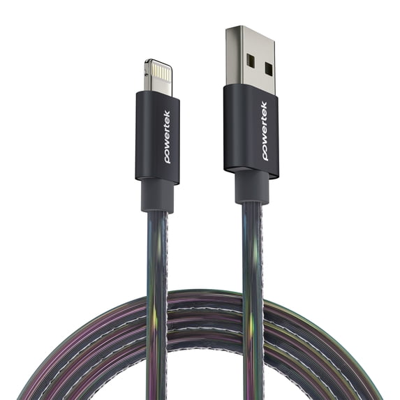 Powertek MFi Certified USB-A to Lightning Metallic Shine Pastel Charging Cable, 6 ft, Black