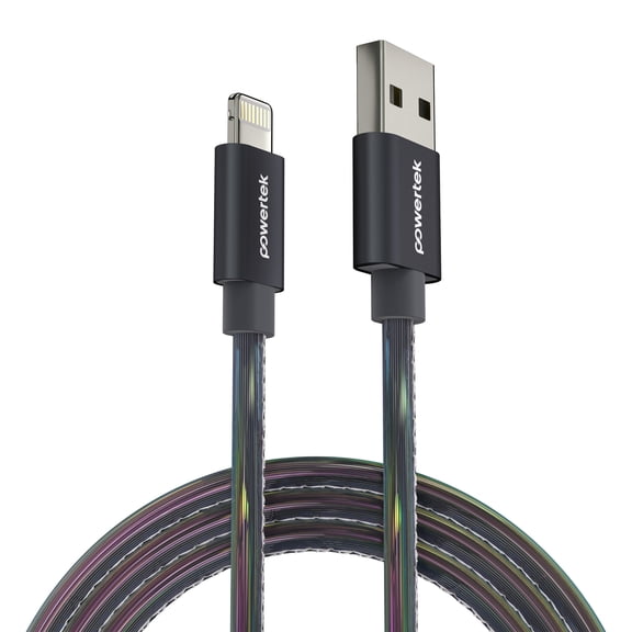 Powertek MFi Certified USB-A to Lightning Metallic Shine Pastel Charging Cable, 6 ft, Black
