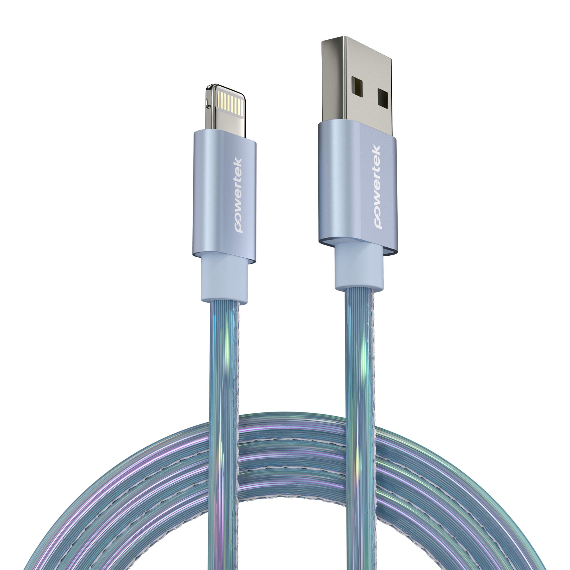 Powertek MFi Certified USB-A to Lightning Metallic Shine Pastel Charging Cable, 6 ft, Blue