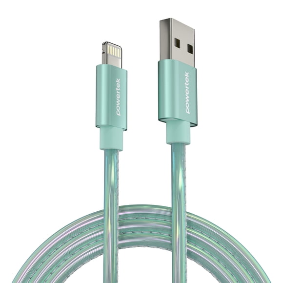 Powertek MFi Certified USB-A to Lightning Metallic Shine Pastel Charging Cable, 6 ft, Mint