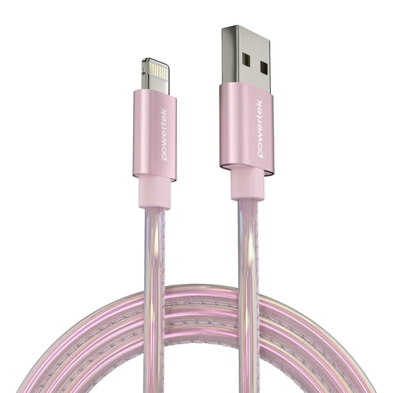 Powertek MFi Certified USB-A to Lightning Metallic Shine Pastel Charging Cable, 6 ft, Pink