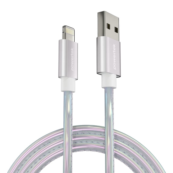 Powertek MFi Certified USB-A to Lightning Metallic Shine Pastel Charging Cable, 6 ft, Silver