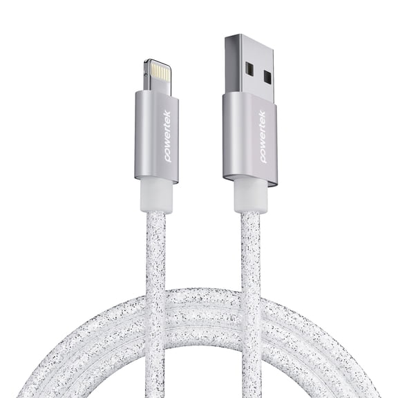 Powertek USB-A to Lightning Cable, Fast Charging iPhone Charger Cord, Durable Tangle-Resistant Sync Cable, White Glitter, 6FT